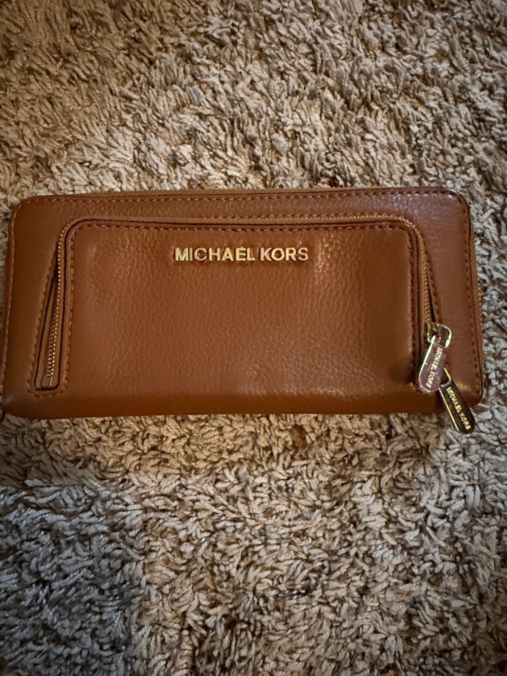 Michael Kors Cognac Leather Zip-Around Wallet with Gold Logo